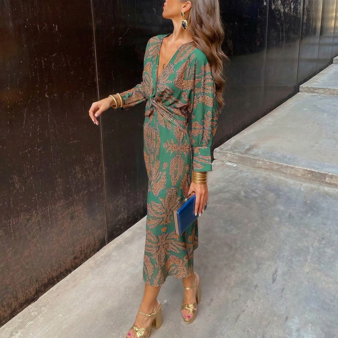 Isadora™ – Rochie Midi Elegantă cu Nod în Talie și Print Artistic