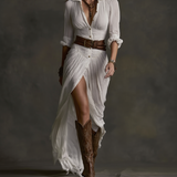 Aurora | Rochie Lungă din In cu Guler Inversat