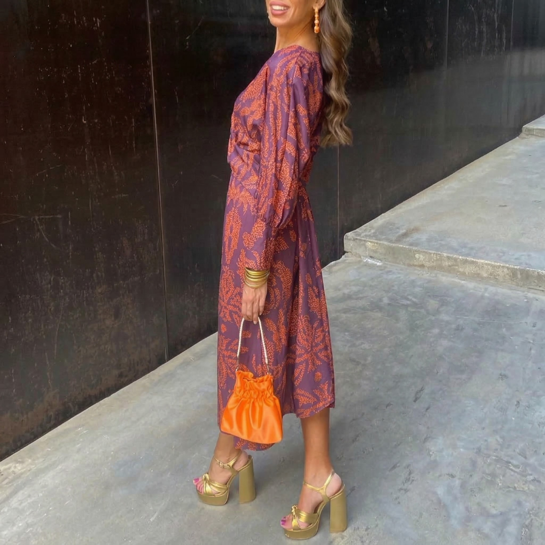 Isadora™ – Rochie Midi Elegantă cu Nod în Talie și Print Artistic