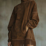 Gabriela | Rochie din ante cu guler înalt și franjuri